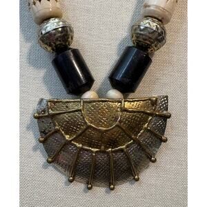 Vintage Carved Bone Ethnic Statement Necklace 24” with Brass Pendant